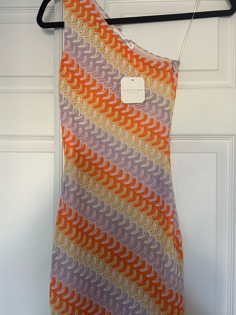Altar'd State One-Shoulder Crochet Midi Dress — Orange, Lavender & Cream Waves
